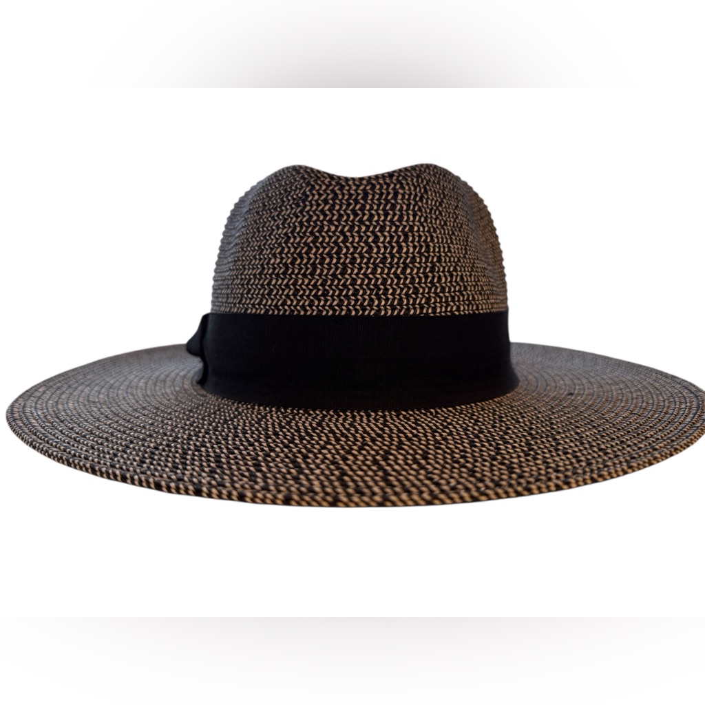 Banana Republic Hat Wide Brim Woven Straw Look Fedora Hat Black Ribbon M/L Nwt